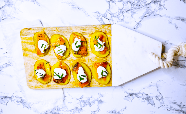Holiday appetizer, smoked salmon potato round