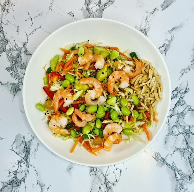 winter abundance salad with cabbage shrimp edamame and grapefruit